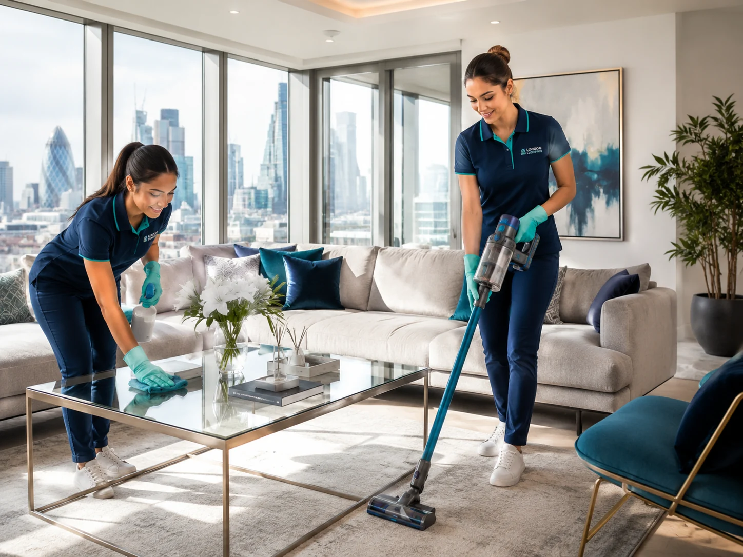 Professional Pristine cleaning team in modern workwear