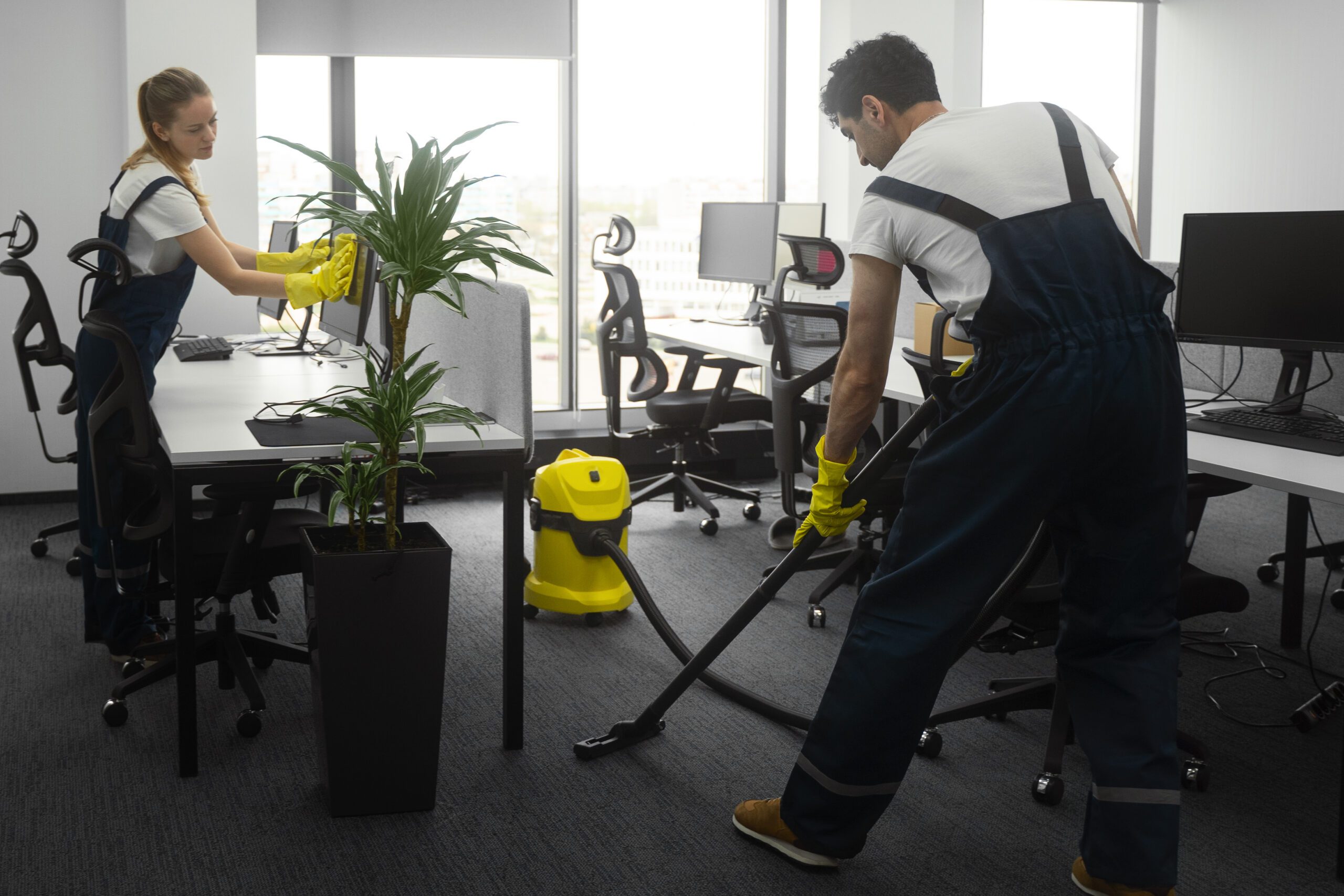 Professional cleaners working in an office